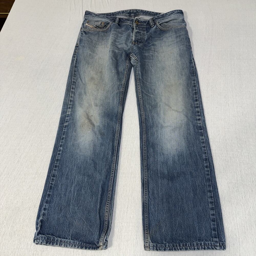 Diesel Larkee Mens 34x29 Regular Straight Blue Jeans Button Fly Nice Fade Stains